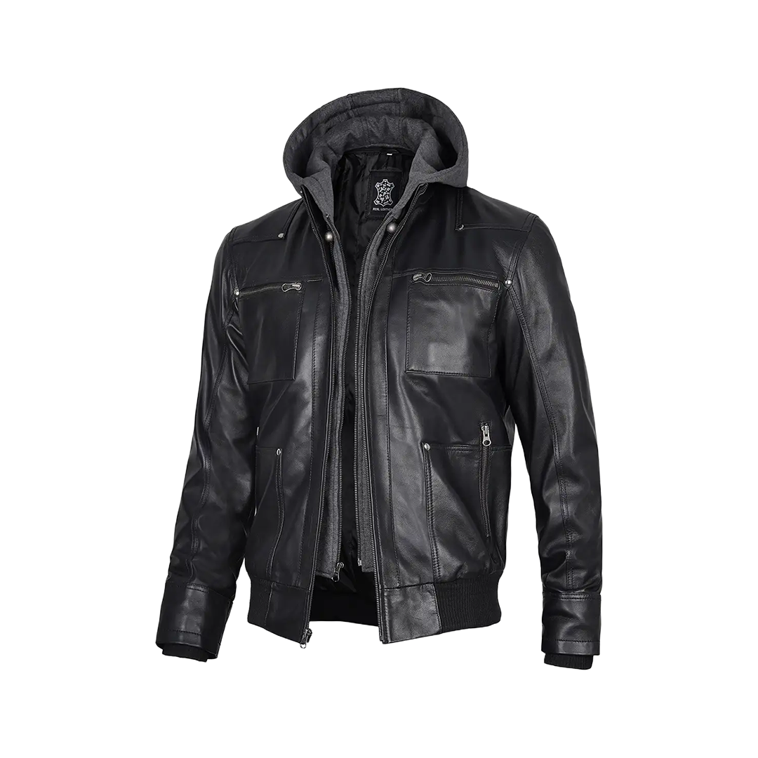 Men's Black Leather Jacket With Removable Hood