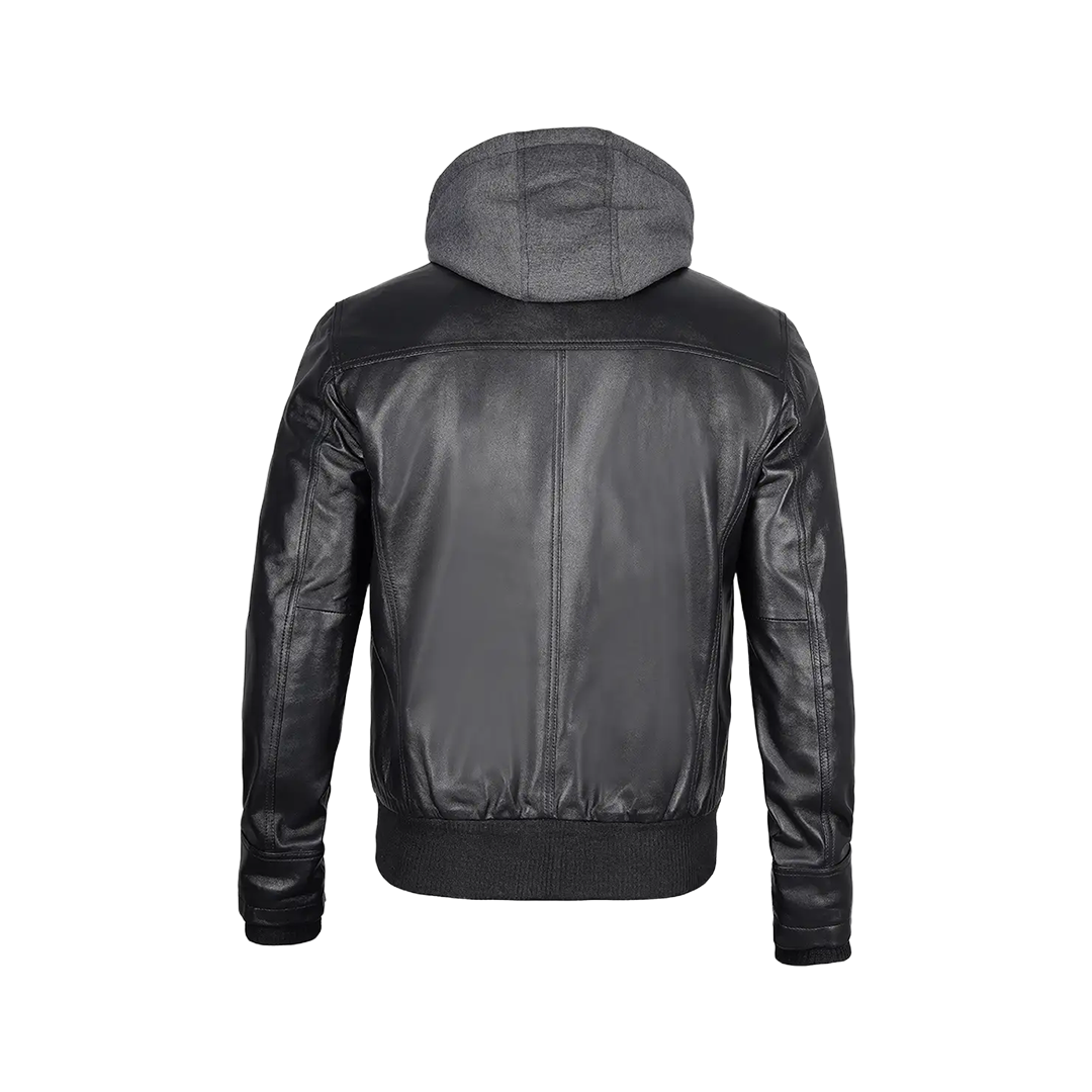 Men's Black Leather Jacket With Removable Hood