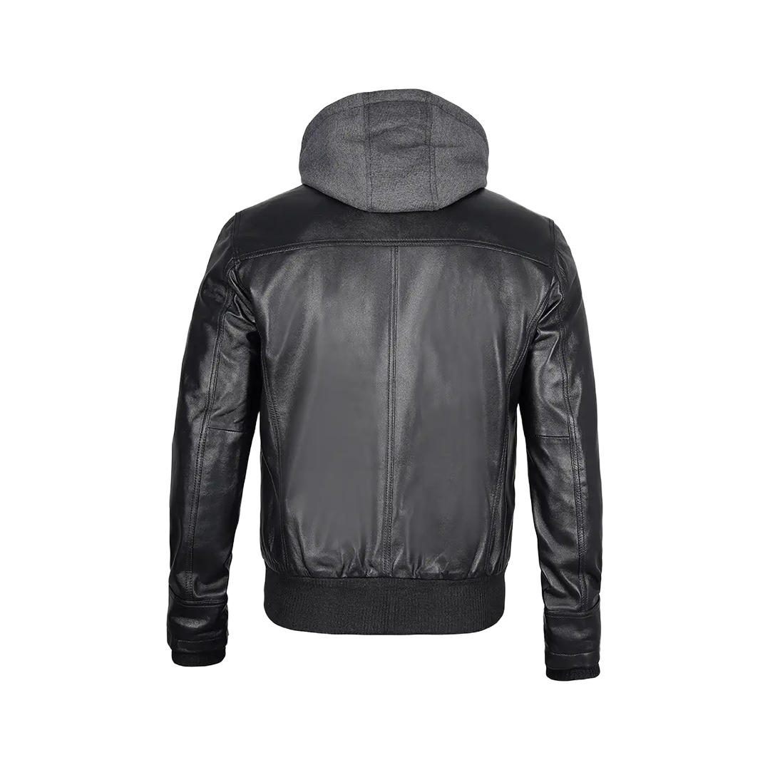 Men's Black Leather Jacket With Removable Hood