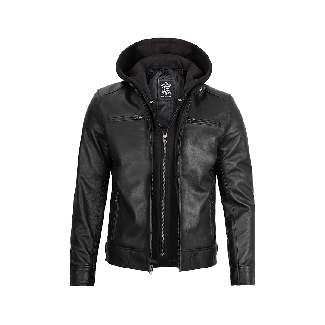 Men's Black Leather Jacket with Removable Hoodie — Fast Delivery