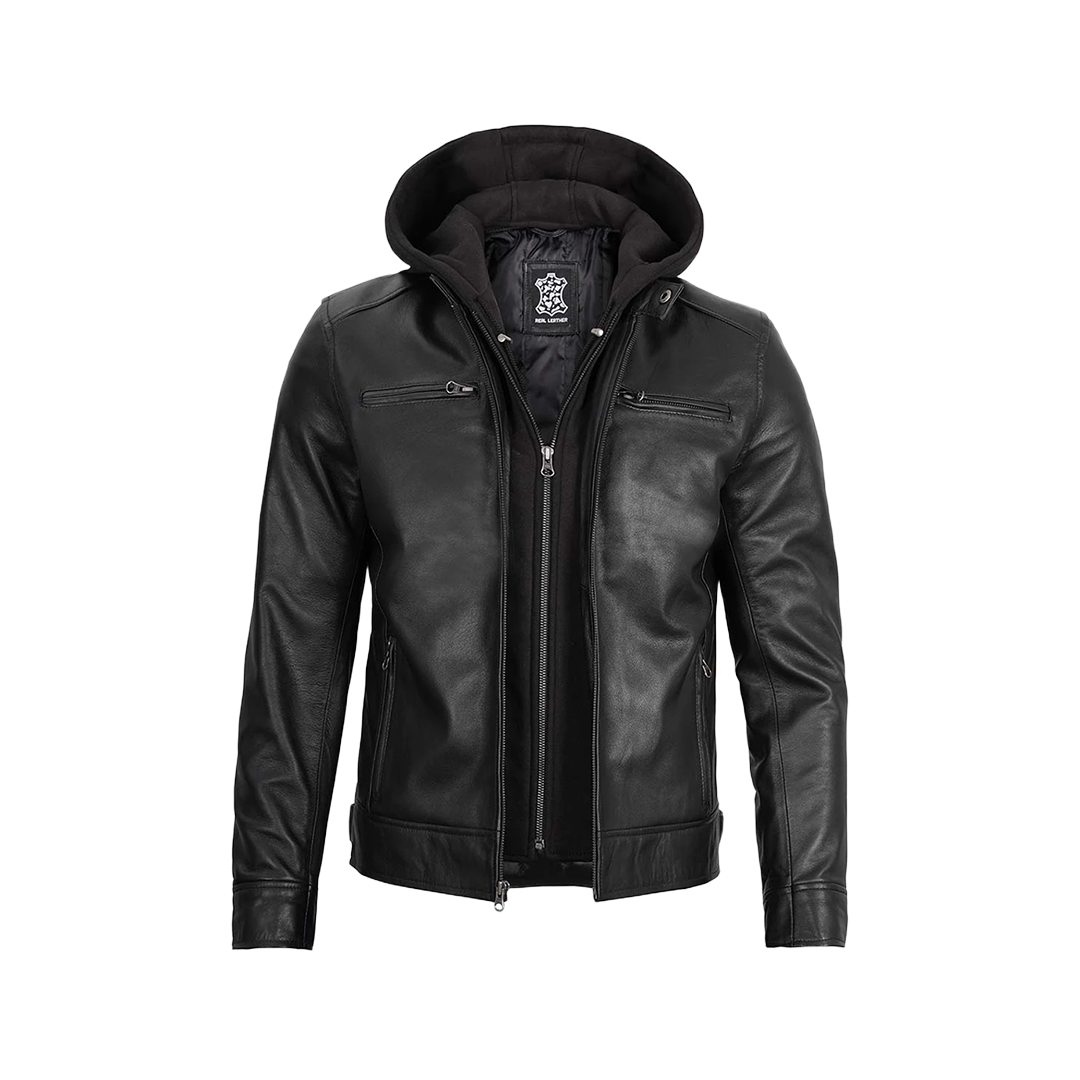 Men's Black Leather Jacket with Removable Hoodie
