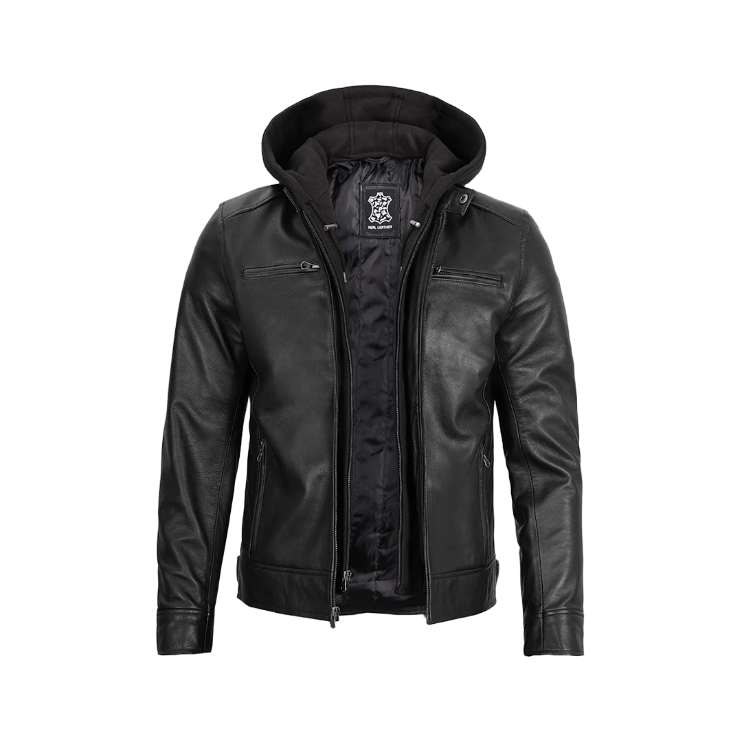 Men's Black Leather Jacket with Removable Hoodie