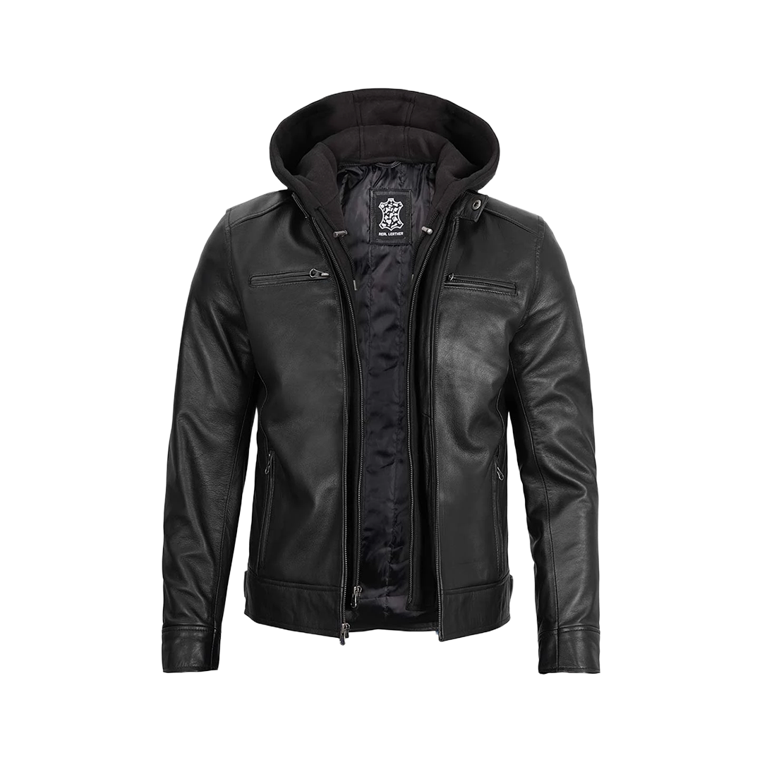 Men's Black Leather Jacket with Removable Hoodie