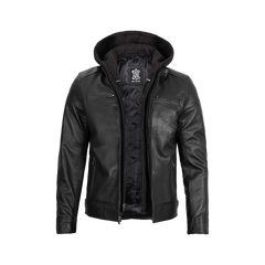 Men's Black Leather Jacket with Removable Hoodie