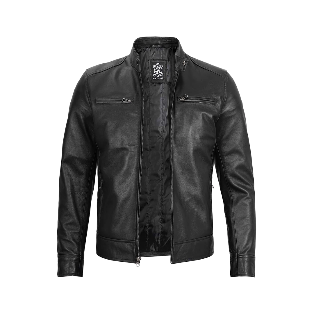 Men's Black Leather Jacket with Removable Hoodie