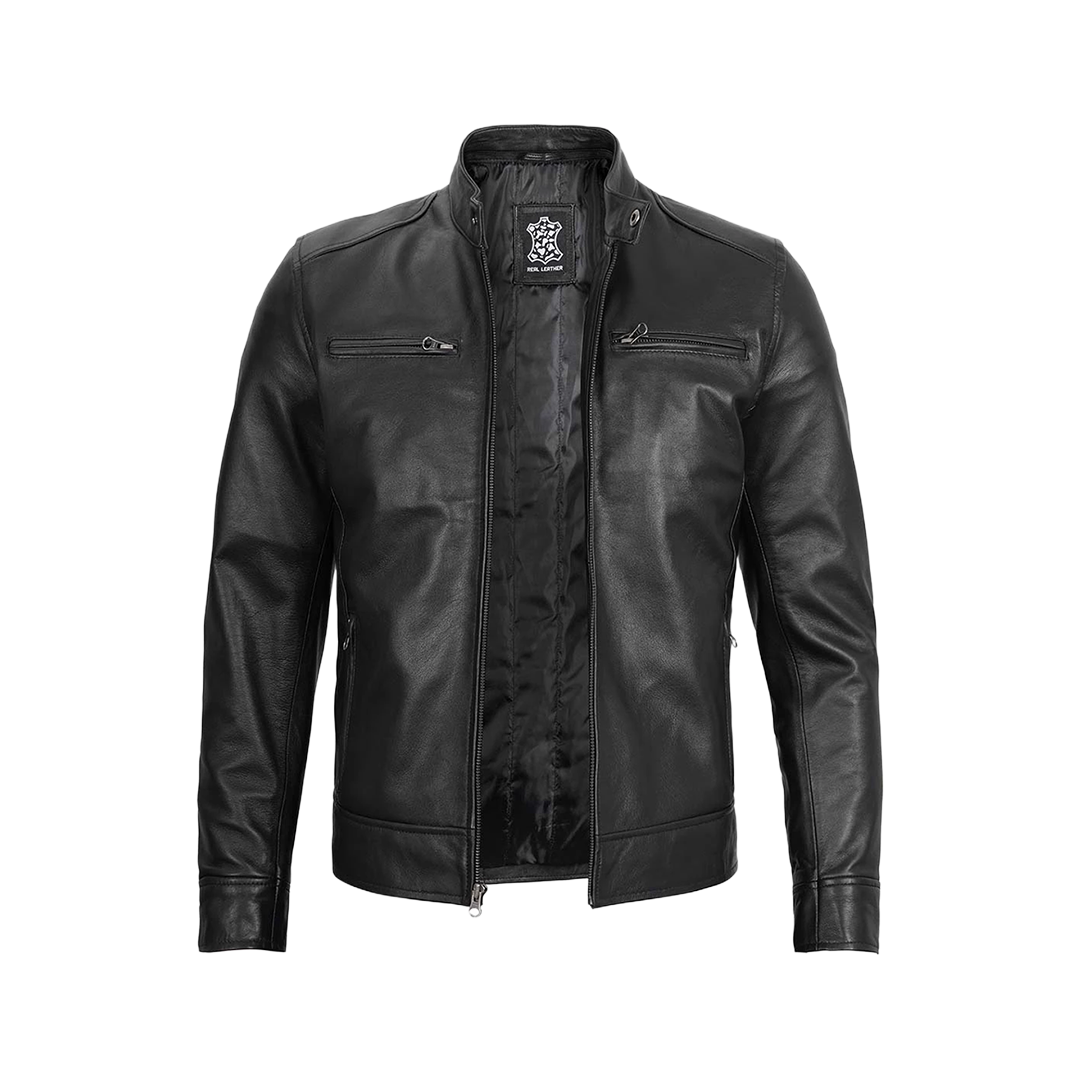Men's Black Leather Jacket with Removable Hoodie