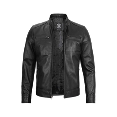 Men's Black Leather Jacket with Removable Hoodie