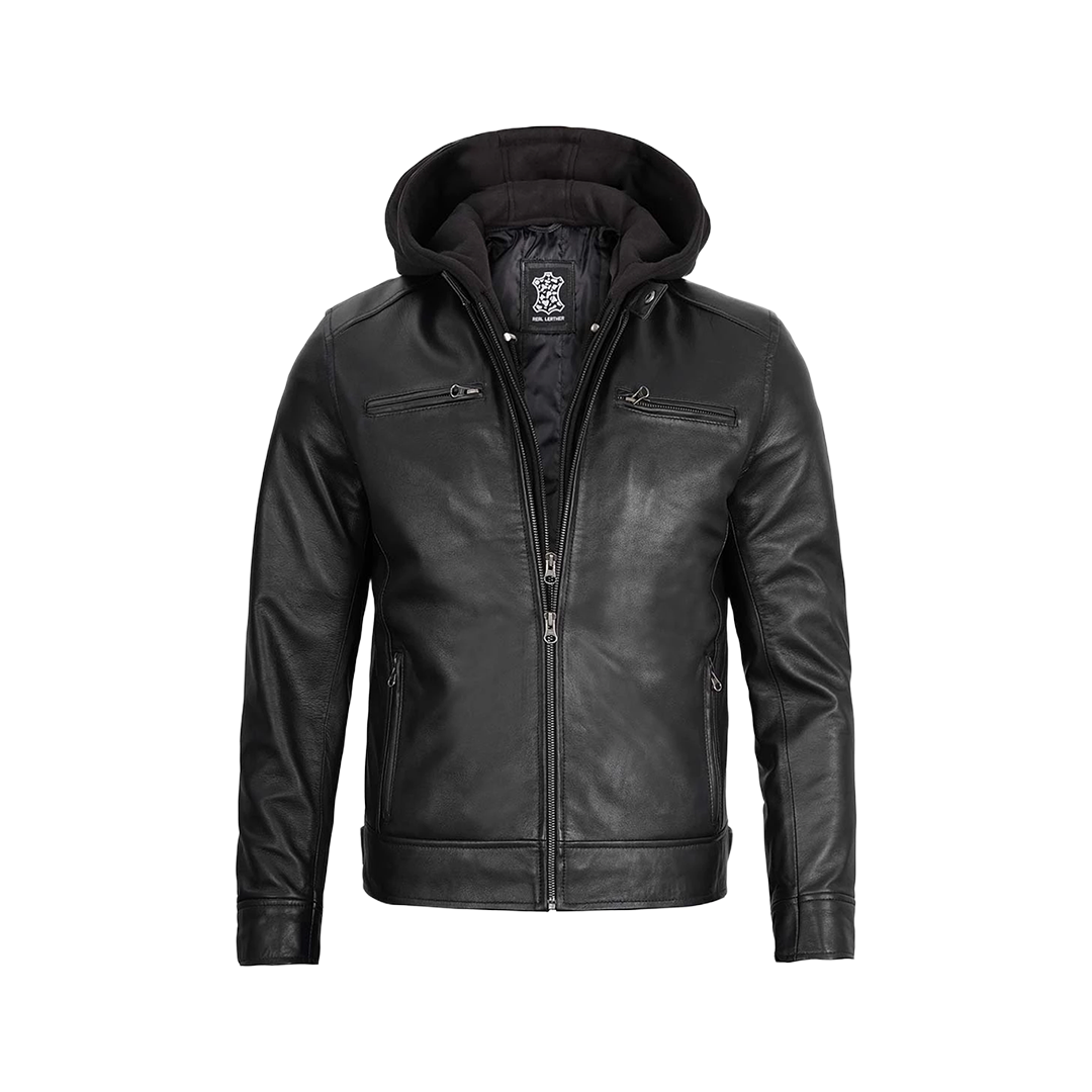 Men's Black Leather Jacket with Removable Hoodie