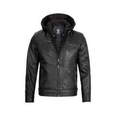 Men's Black Leather Jacket with Removable Hoodie