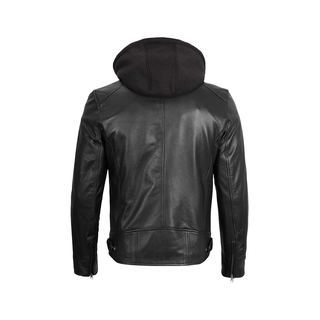 Men's Black Leather Jacket with Removable Hoodie