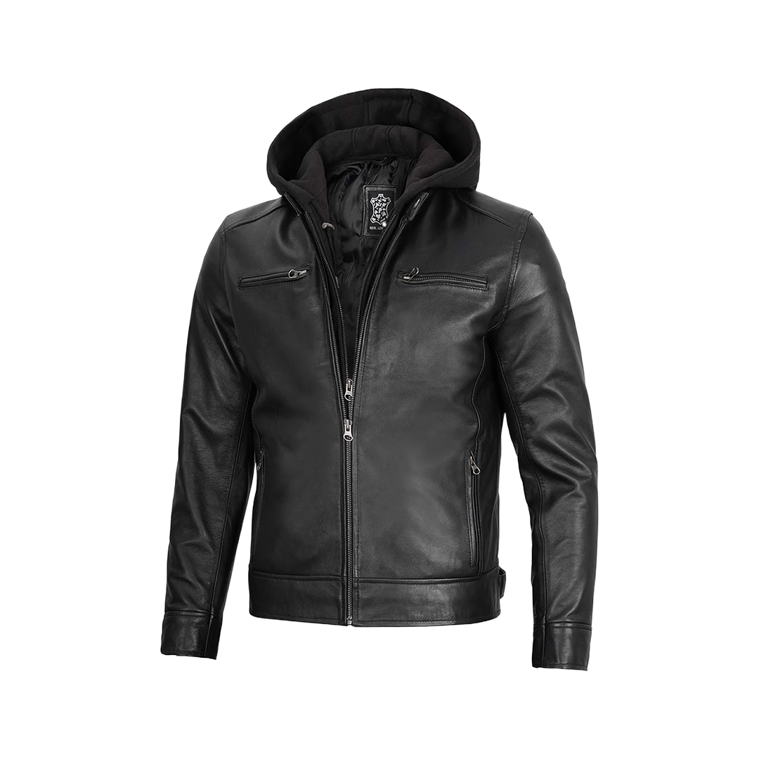 Men's Black Leather Jacket with Removable Hoodie