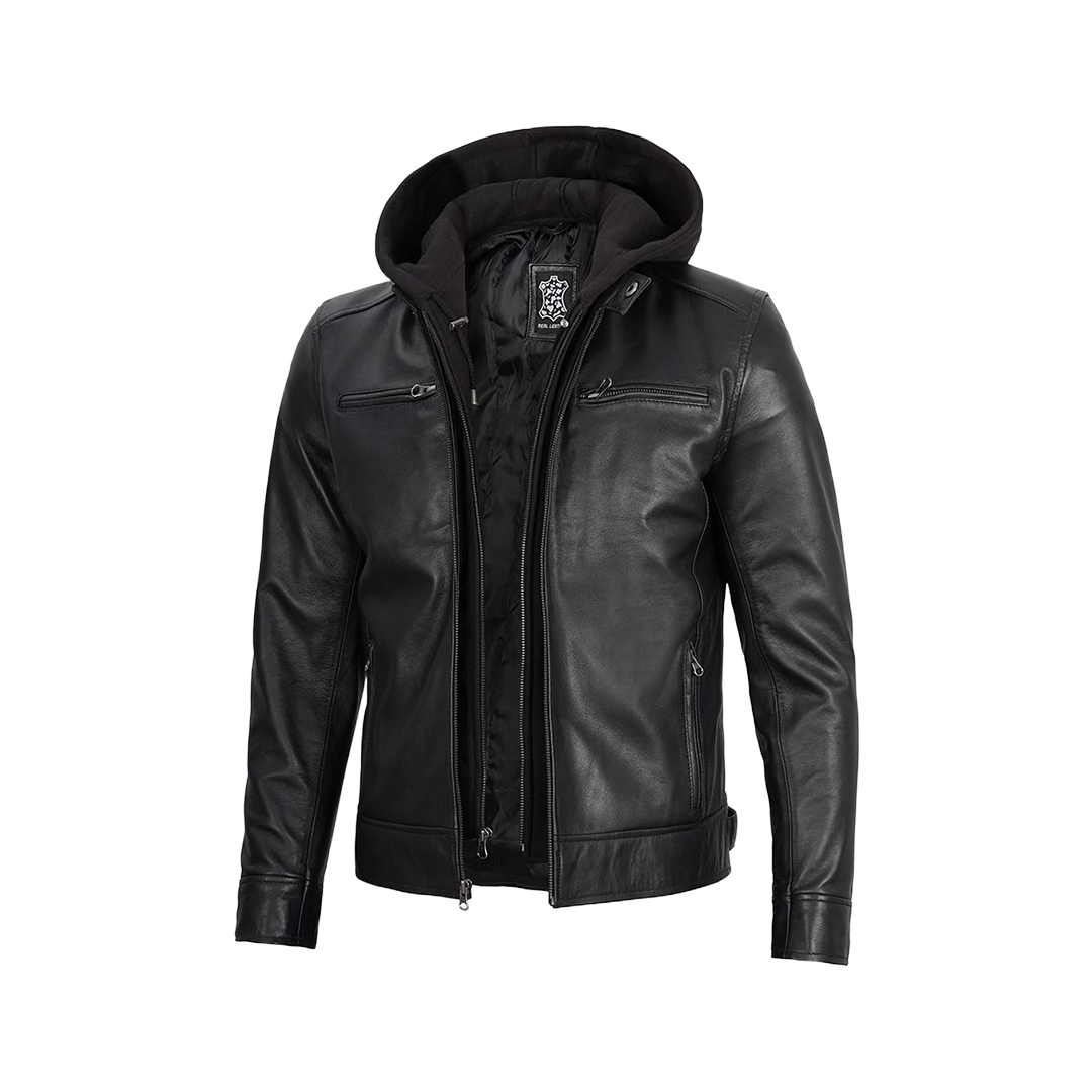 Men's Black Leather Jacket with Removable Hoodie