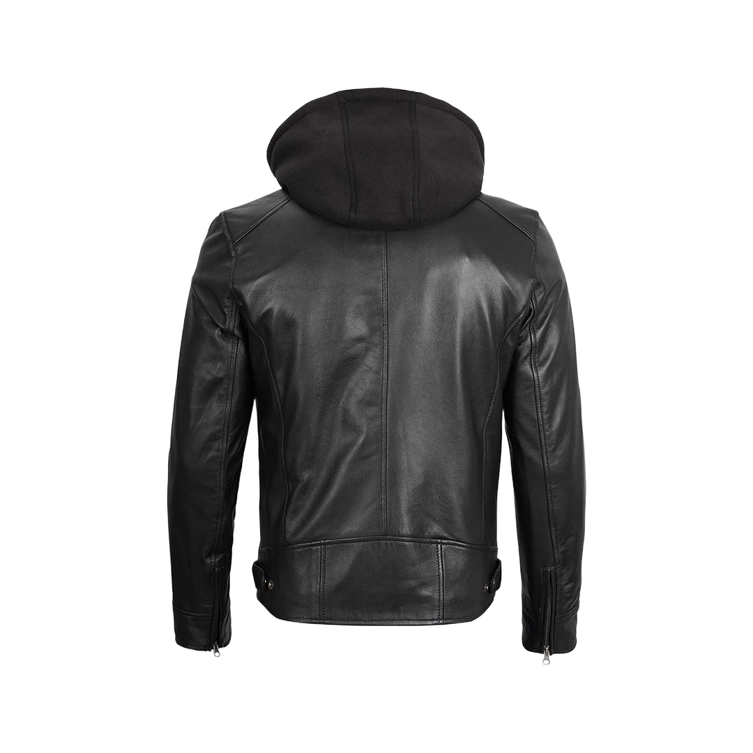 Men's Black Leather Jacket with Removable Hoodie