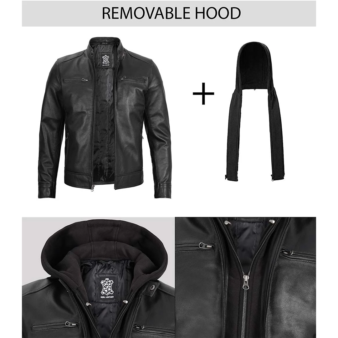 Men's Black Leather Jacket with Removable Hoodie