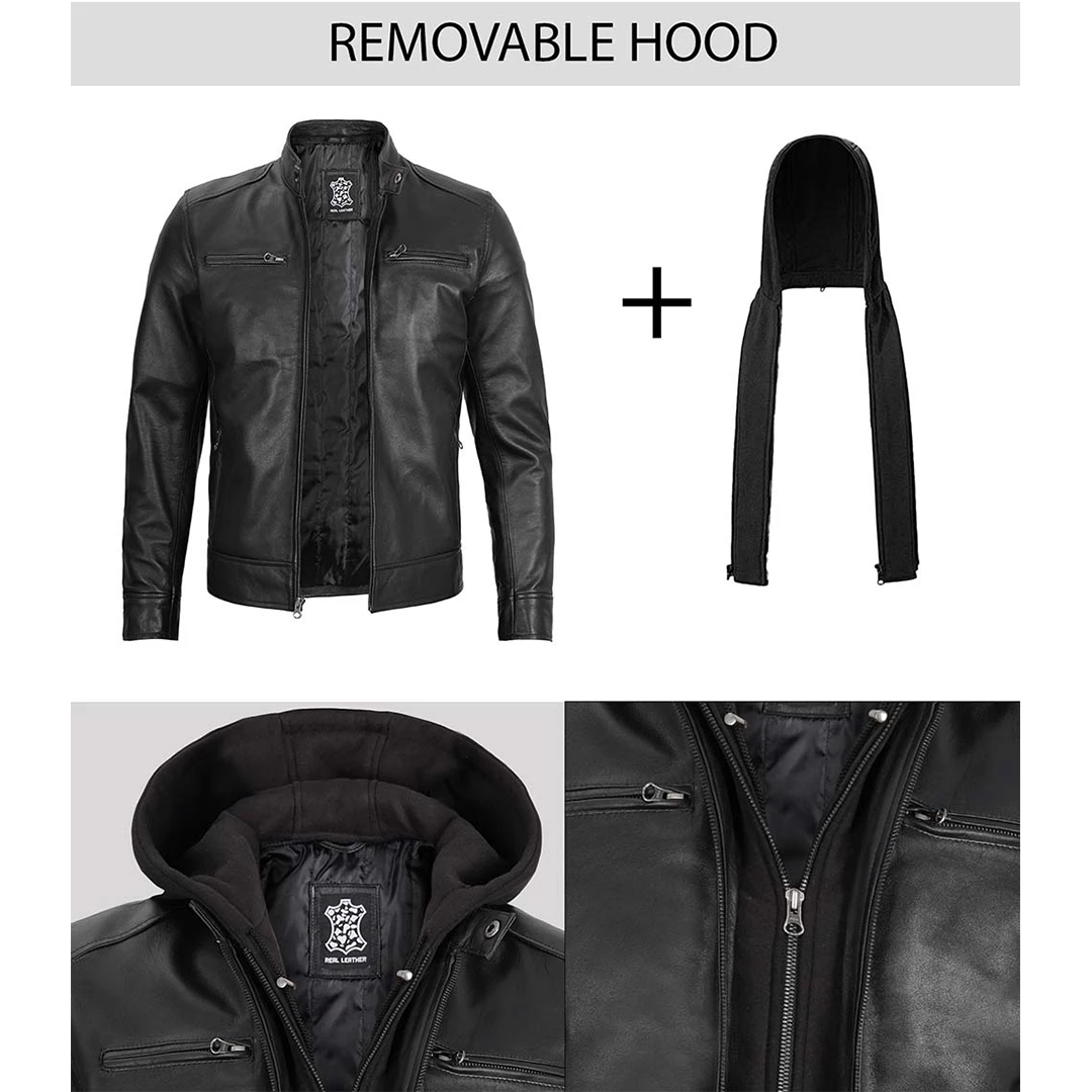 Men's Black Leather Jacket with Removable Hoodie