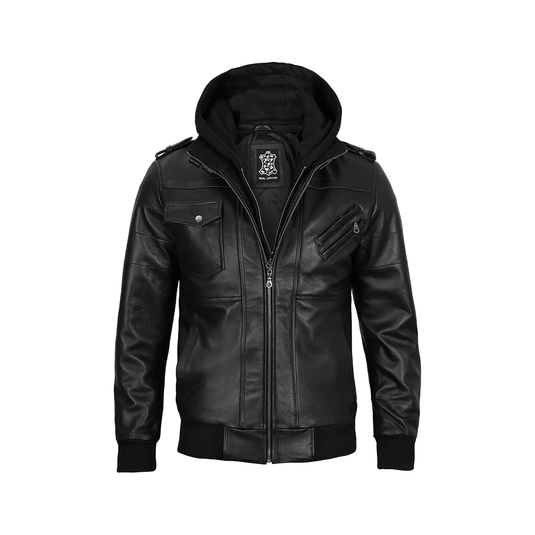Men's Black Leather Jacket with Removable Hoodie
