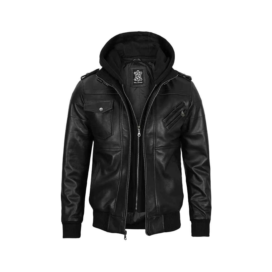 Men's Black Leather Jacket with Removable Hoodie