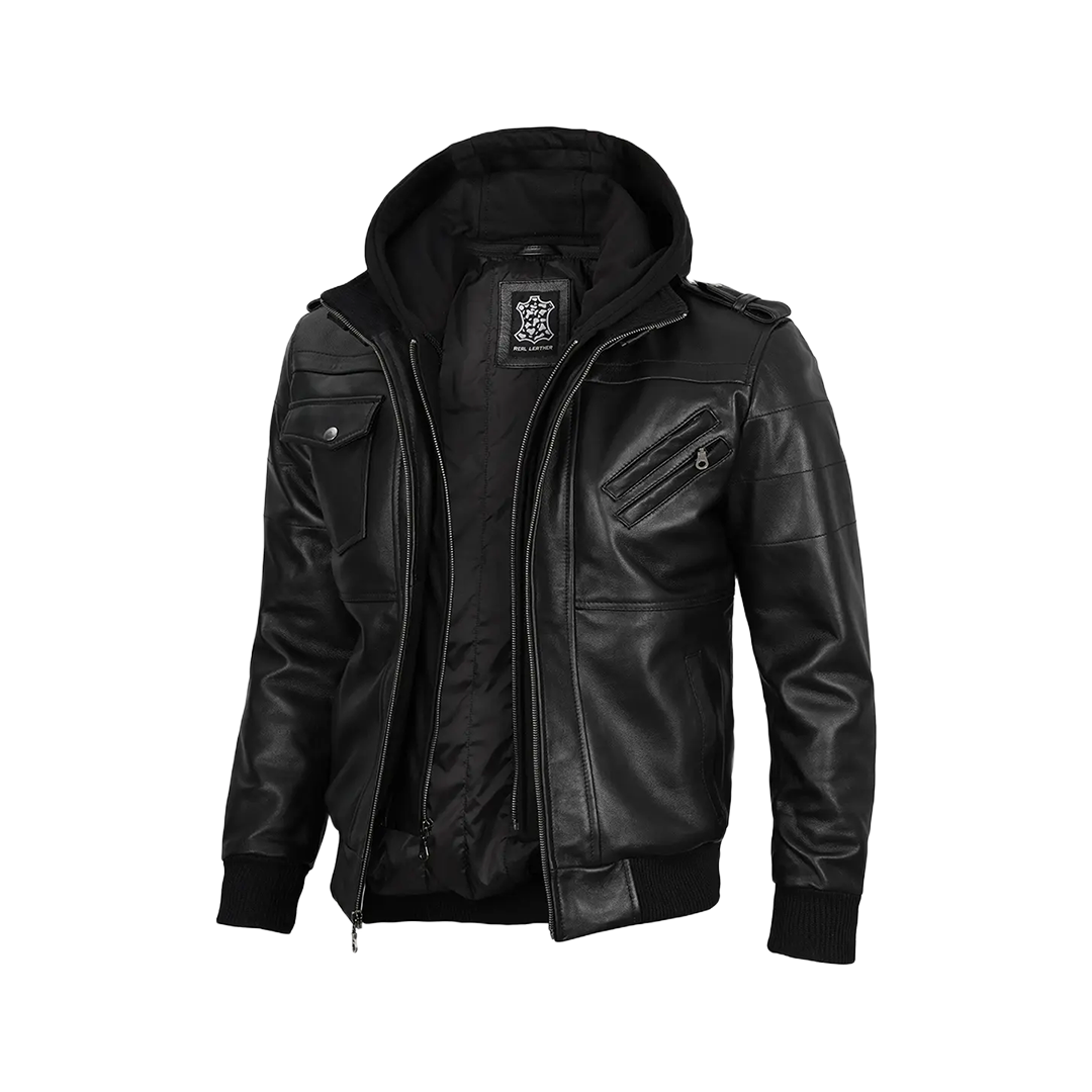 Men's Black Leather Jacket with Removable Hoodie