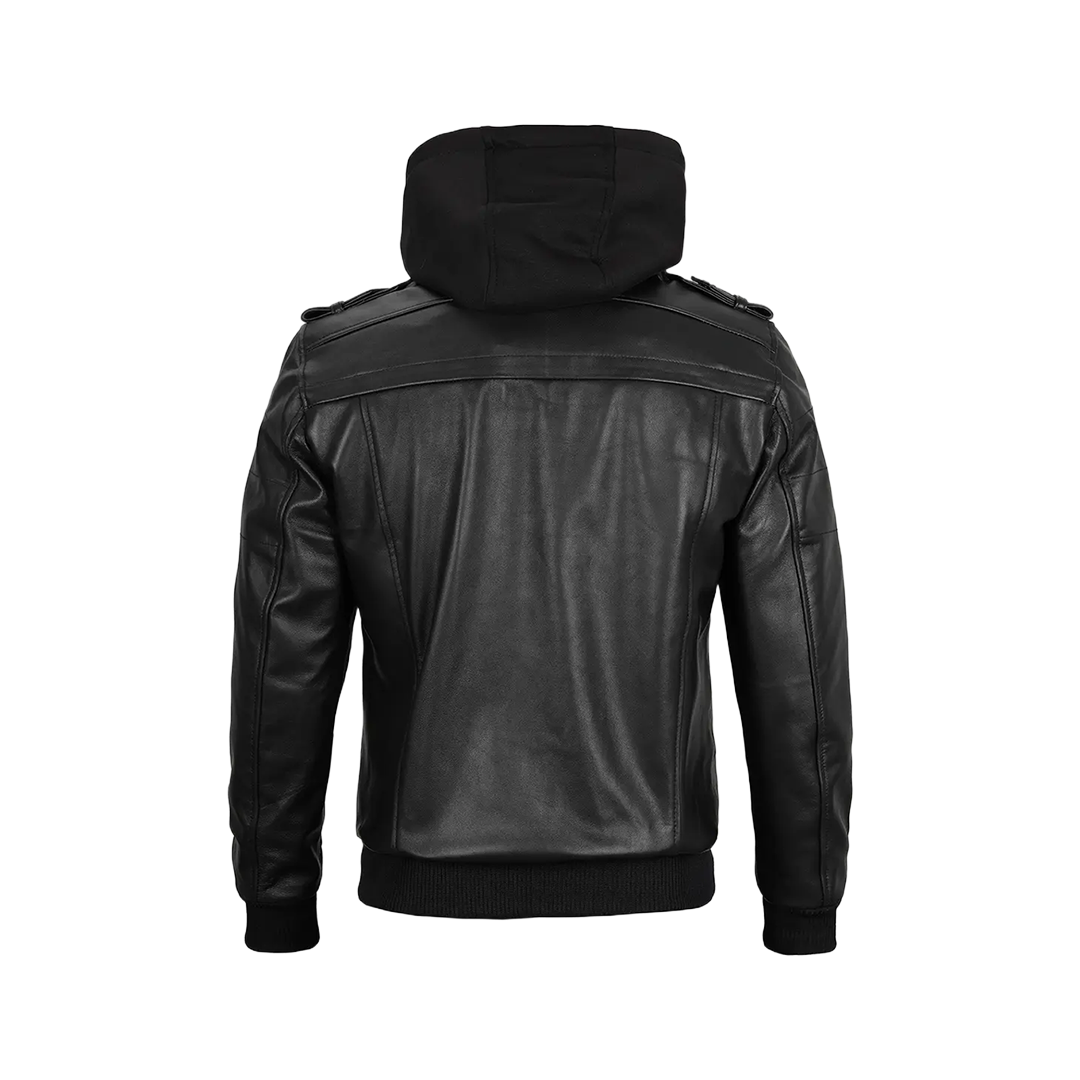 Men's Black Leather Jacket with Removable Hoodie
