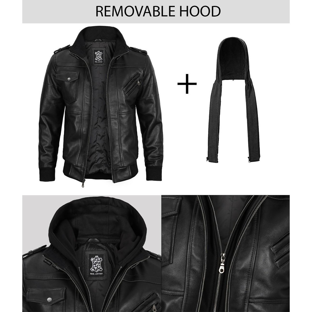 Men's Black Leather Jacket with Removable Hoodie