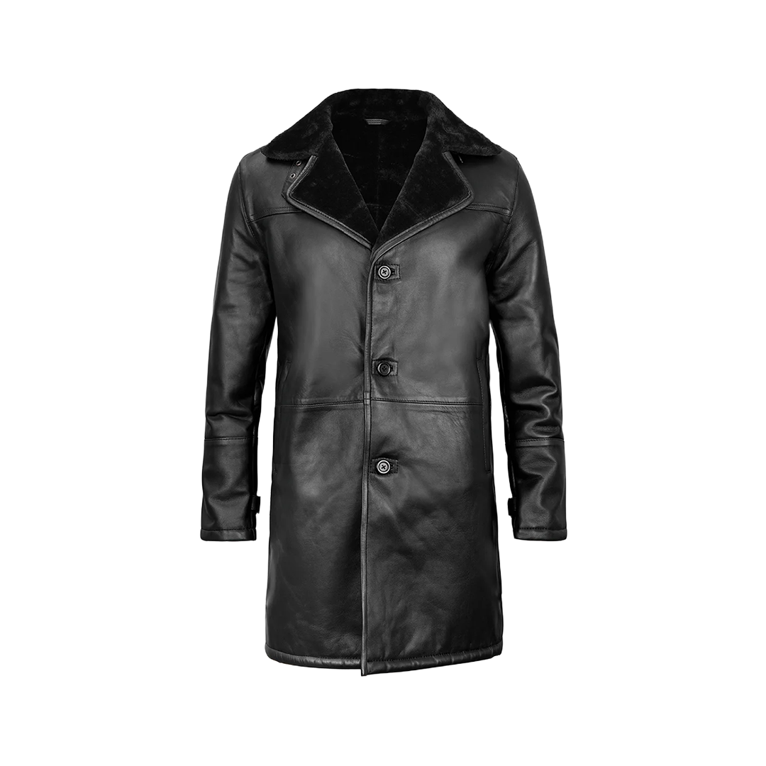Men's Black Leather Long Shearling Coat