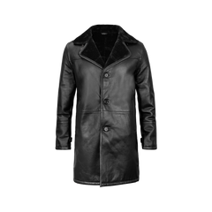 Men's Black Leather Long Shearling Coat