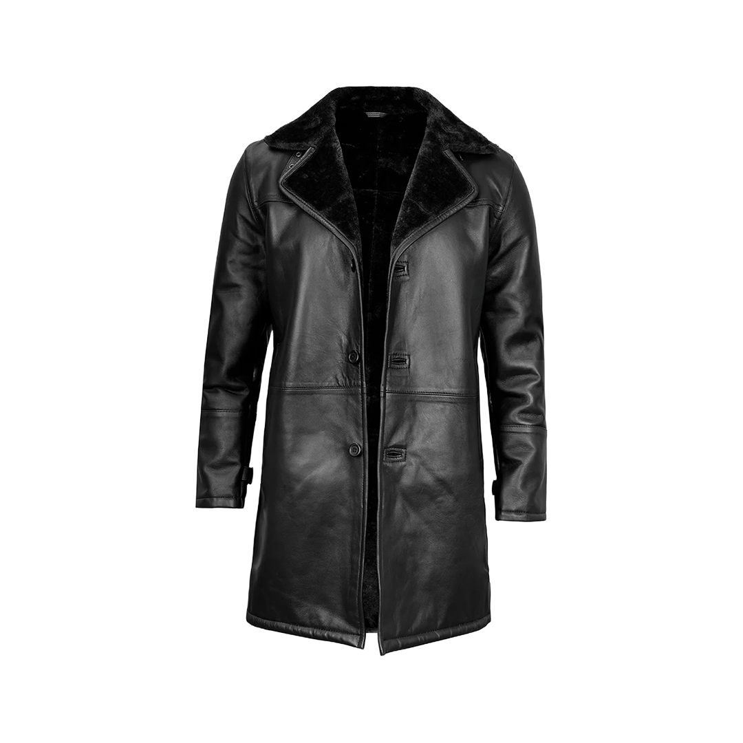 Men's Black Leather Long Shearling Coat