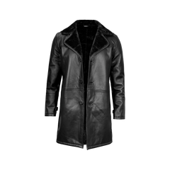 Men's Black Leather Long Shearling Coat