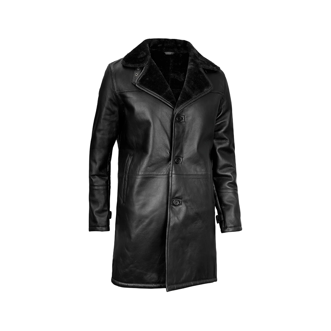 Men's Black Leather Long Shearling Coat