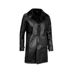 Men's Black Leather Long Shearling Coat