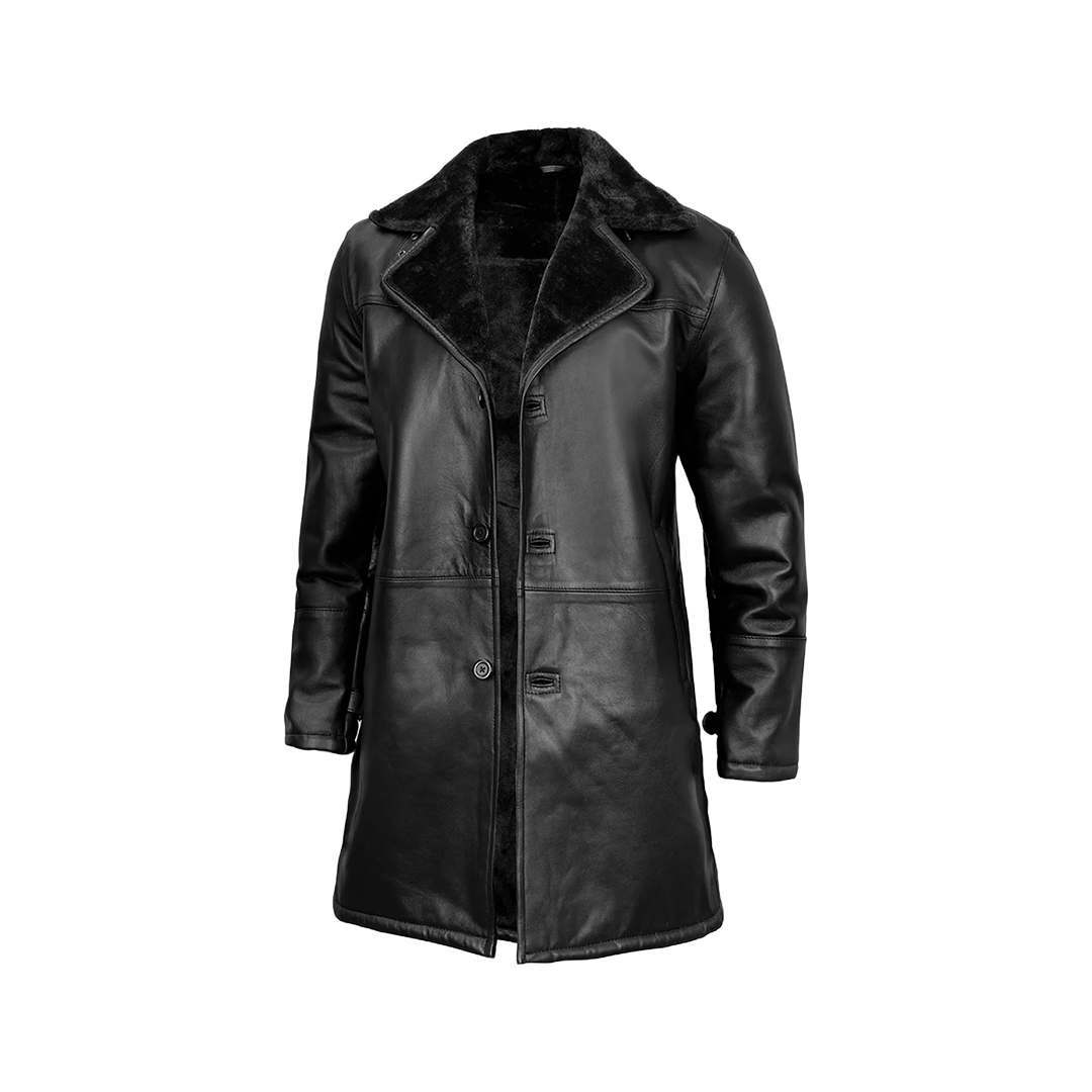 Men's Black Leather Long Shearling Coat