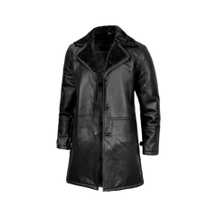 Men's Black Leather Long Shearling Coat