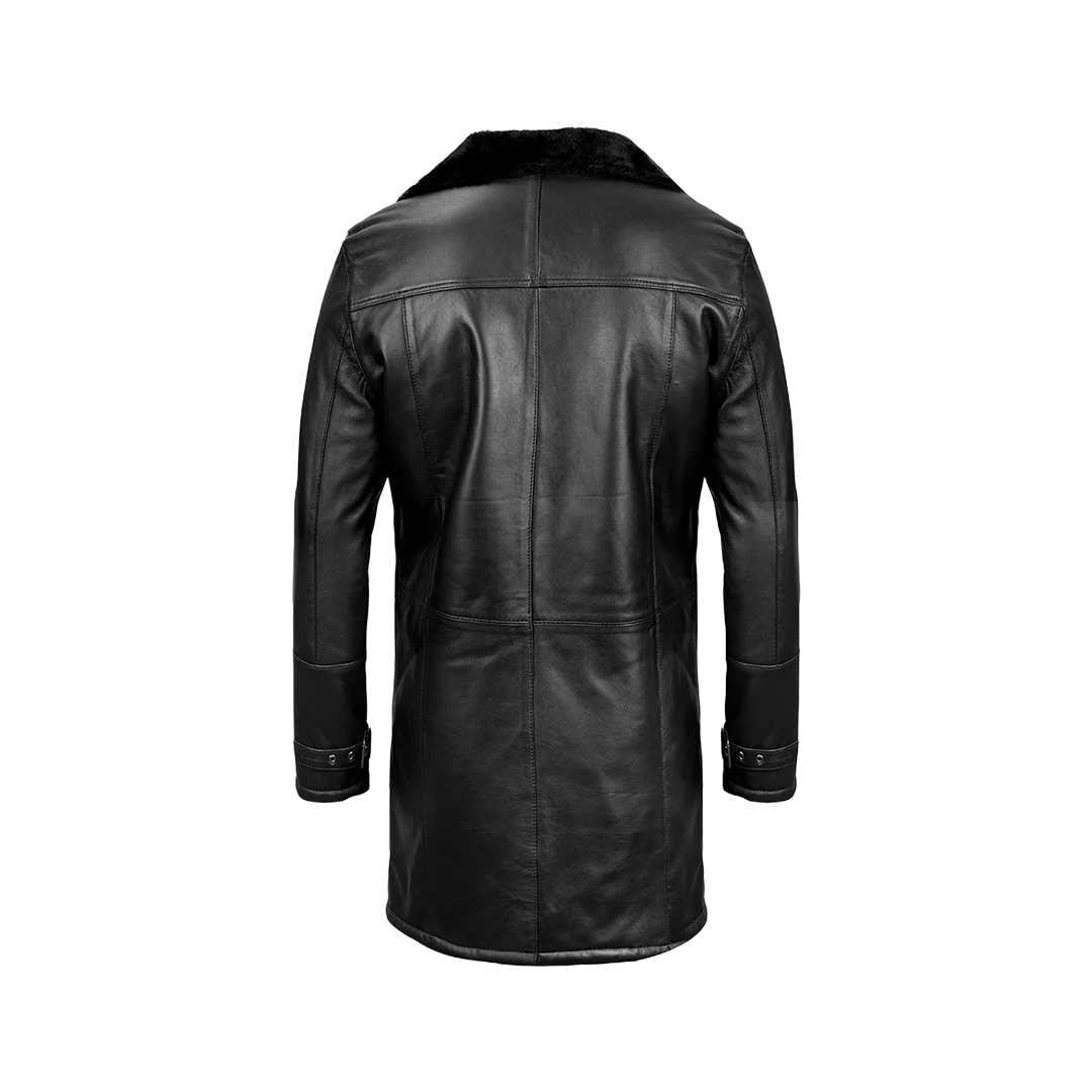 Men's Black Leather Long Shearling Coat