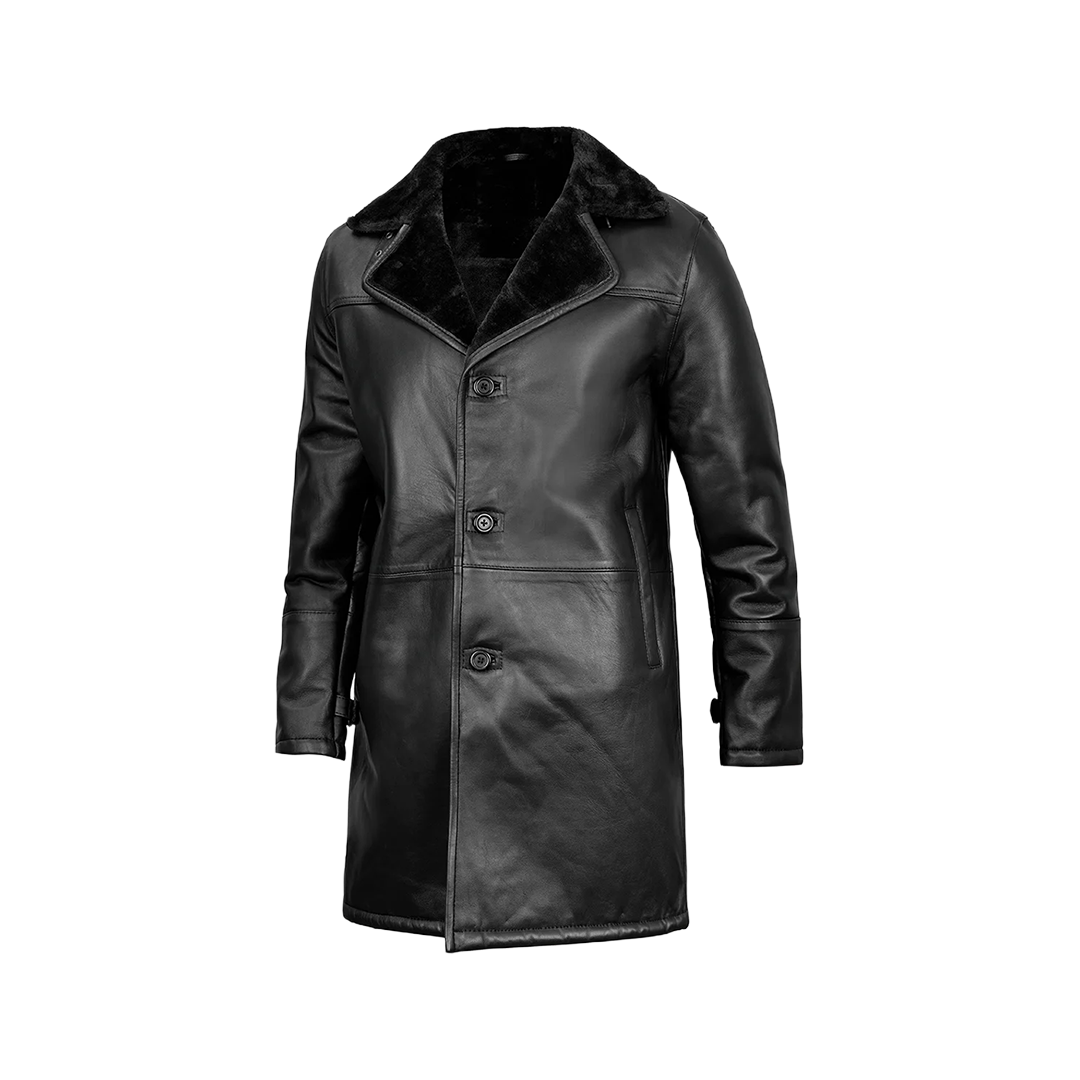 Men's Black Leather Long Shearling Coat