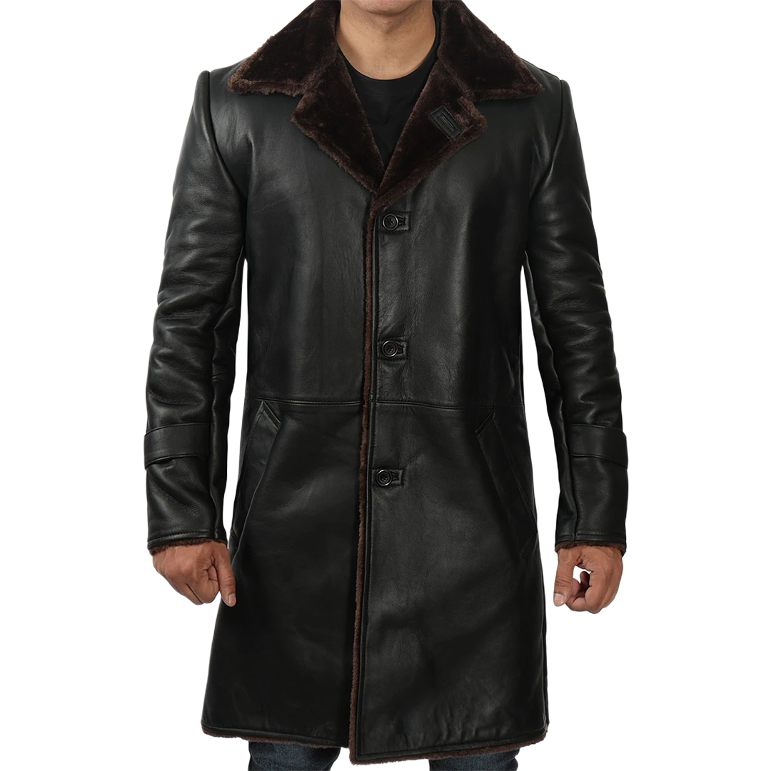 Men's Black Real Leather Shearling Coat