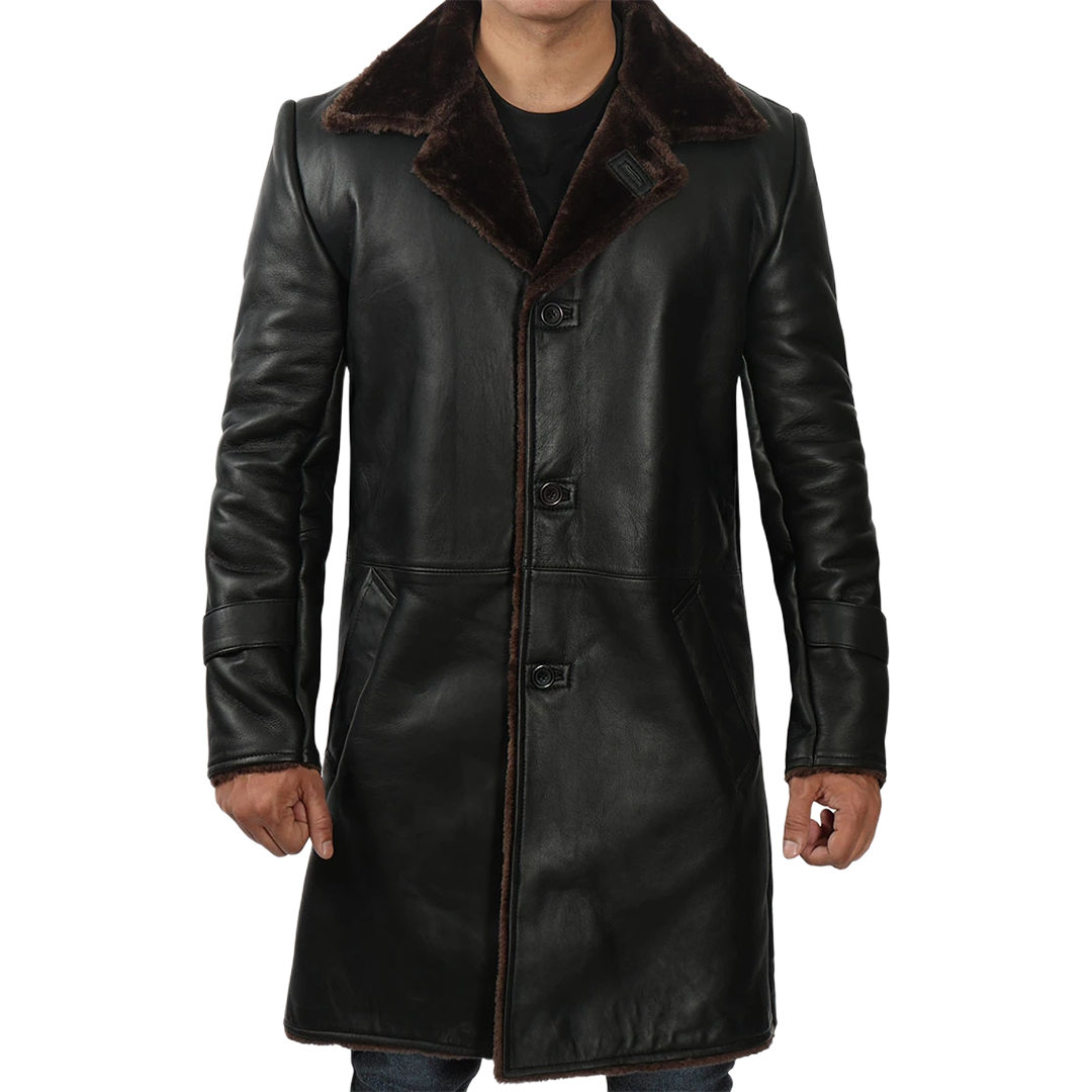 Men's Black Real Leather Shearling Coat