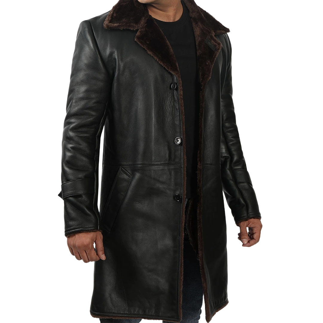 Men's Black Real Leather Shearling Coat