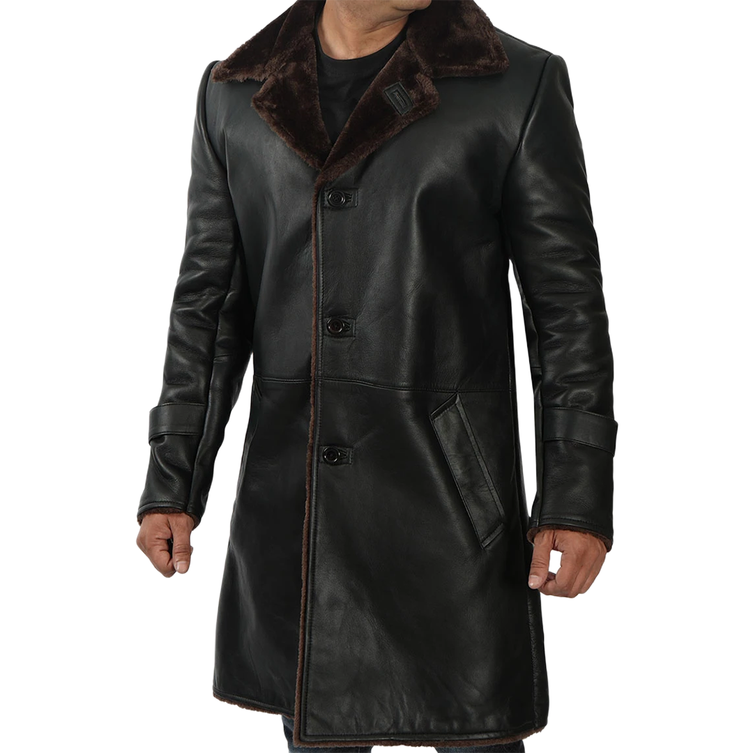 Men's Black Real Leather Shearling Coat