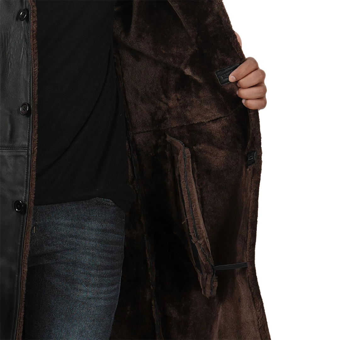 Men's Black Real Leather Shearling Coat