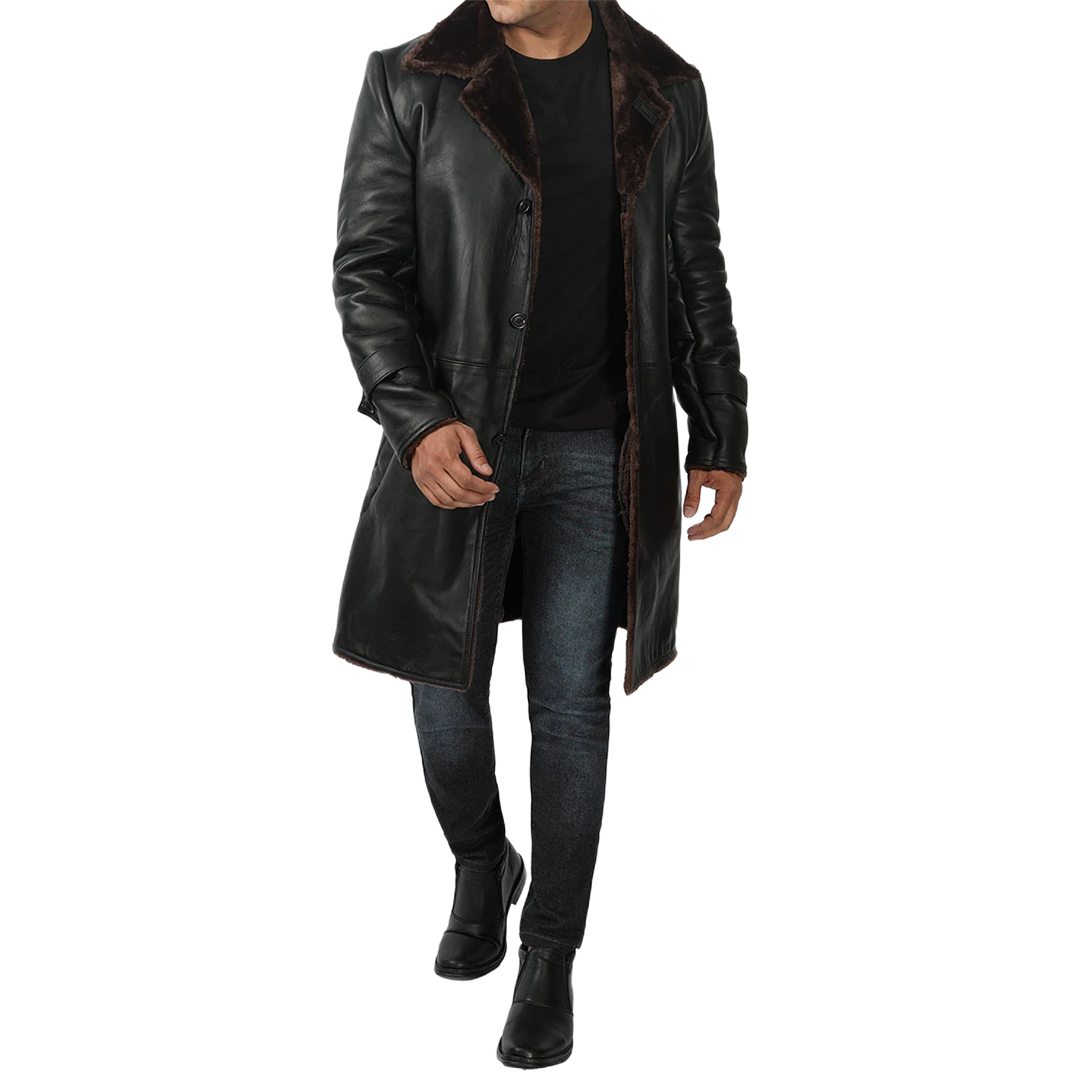 Men's Black Real Leather Shearling Coat