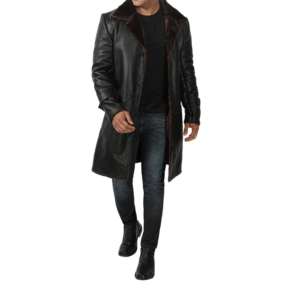 Men's Black Real Leather Shearling Coat