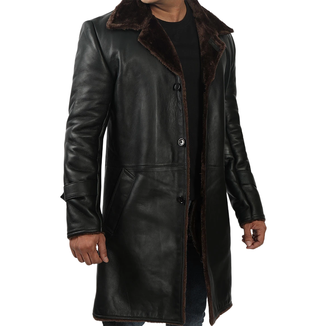 Men's Black Real Leather Shearling Coat