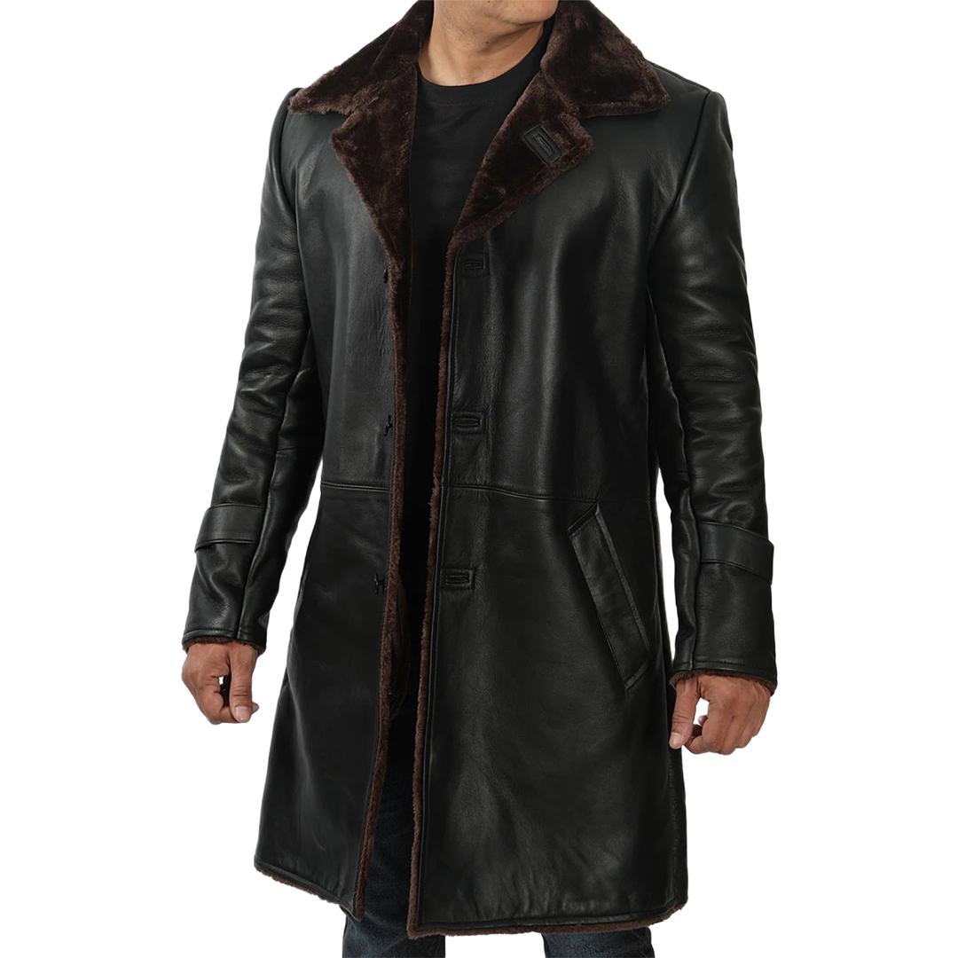 Men's Black Real Leather Shearling Coat