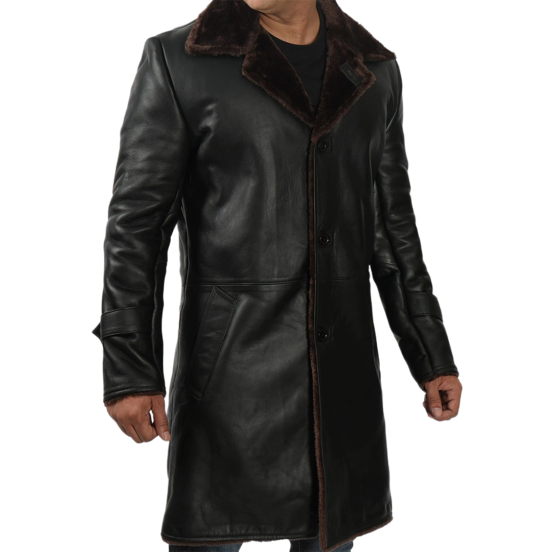 Men's Black Real Leather Shearling Coat