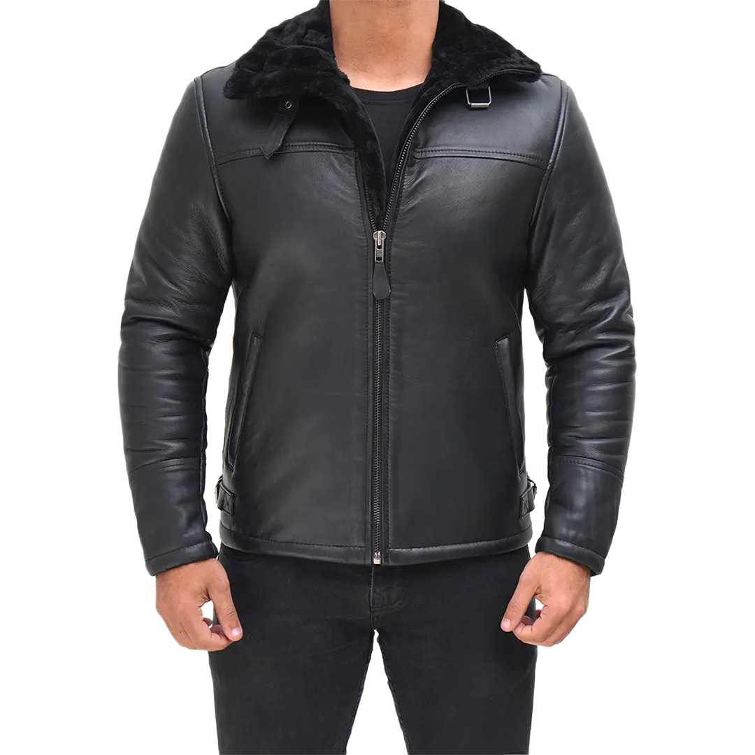 Men's Black Shearling Leather Bomber Jacket - Winter Jacket