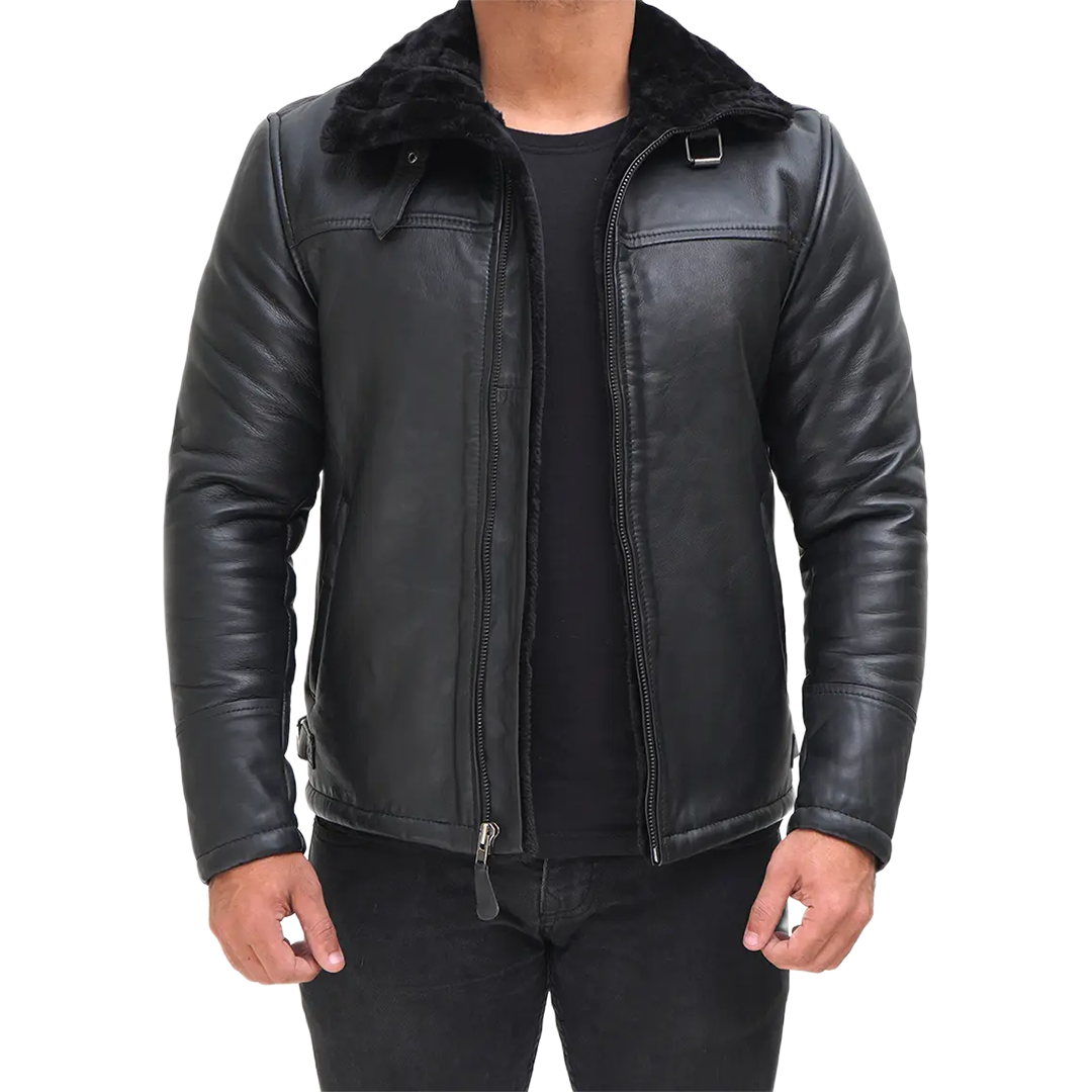 Men's Black Shearling Leather Bomber Jacket - Winter Jacket