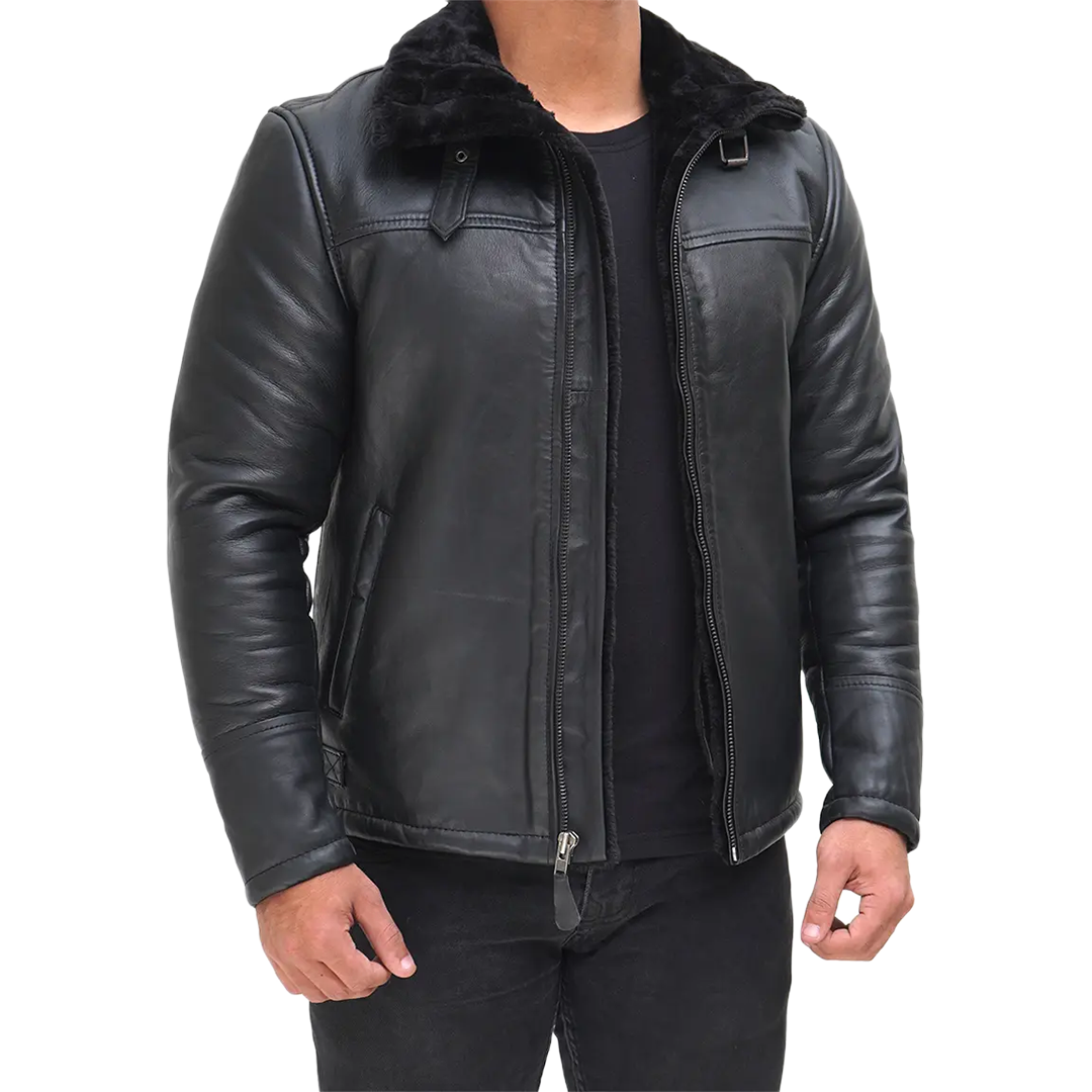 Men's Black Shearling Leather Bomber Jacket - Winter Jacket