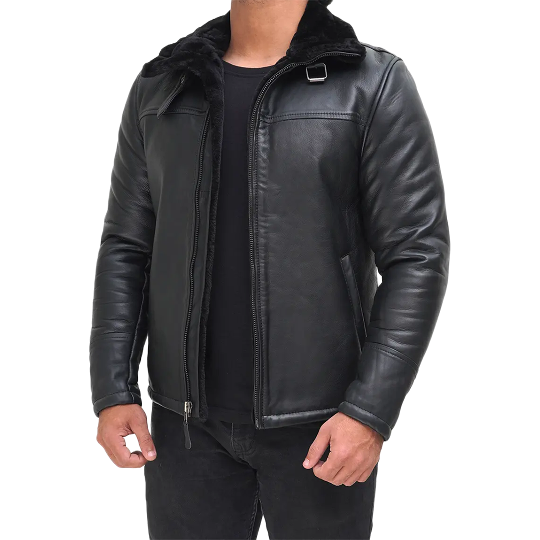 Men's Black Shearling Leather Bomber Jacket - Winter Jacket