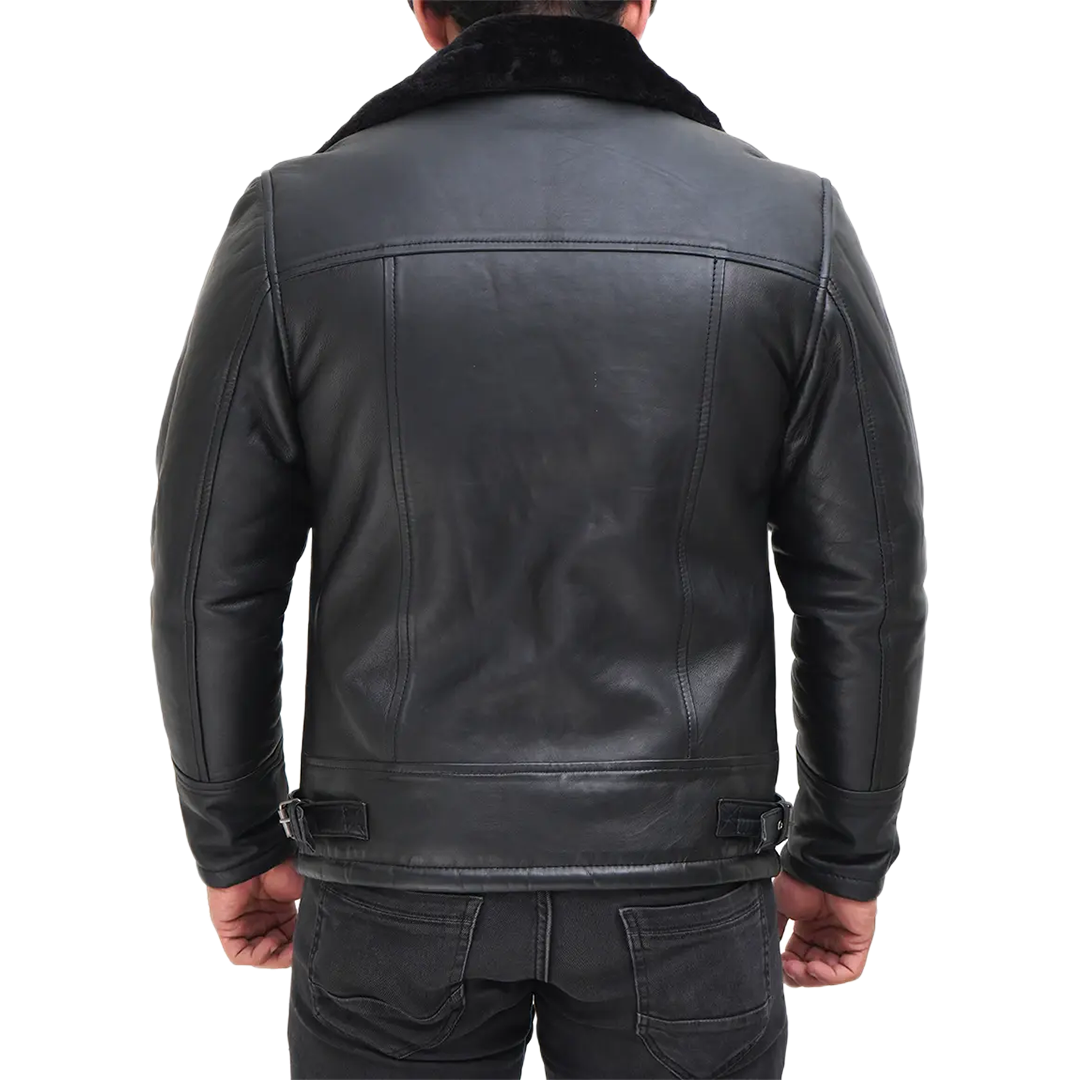 Men's Black Shearling Leather Bomber Jacket - Winter Jacket