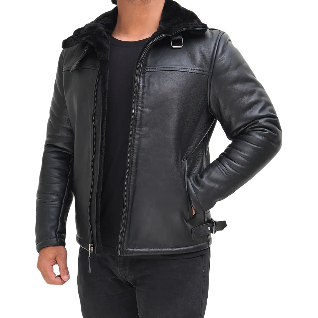 Men's Black Shearling Leather Bomber Jacket - Winter Jacket